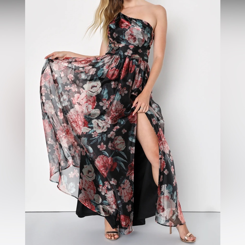 Bringing the Charm Black Floral Organza One-Shoulder Maxi Dress